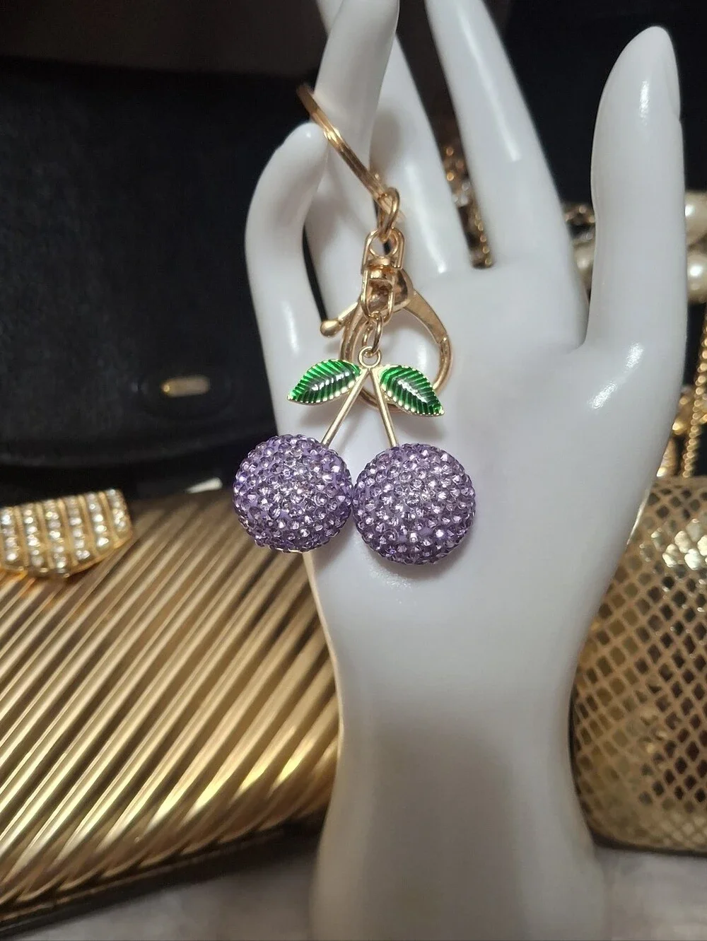 Cherry Sparking Bling bag charm Keyring New gold  Lavender Purple